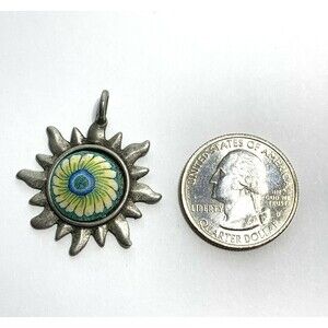 Vintage Sunburst Charm Pendant Silver Tone Handmade Ceramic Floral Center 1.5"